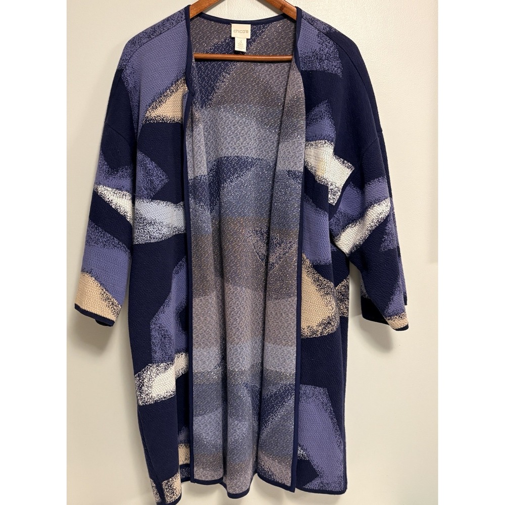 Chico's Open Front Cardigan Sweater Blue Color Blocked 3/4 Sleeve Size 3/XL